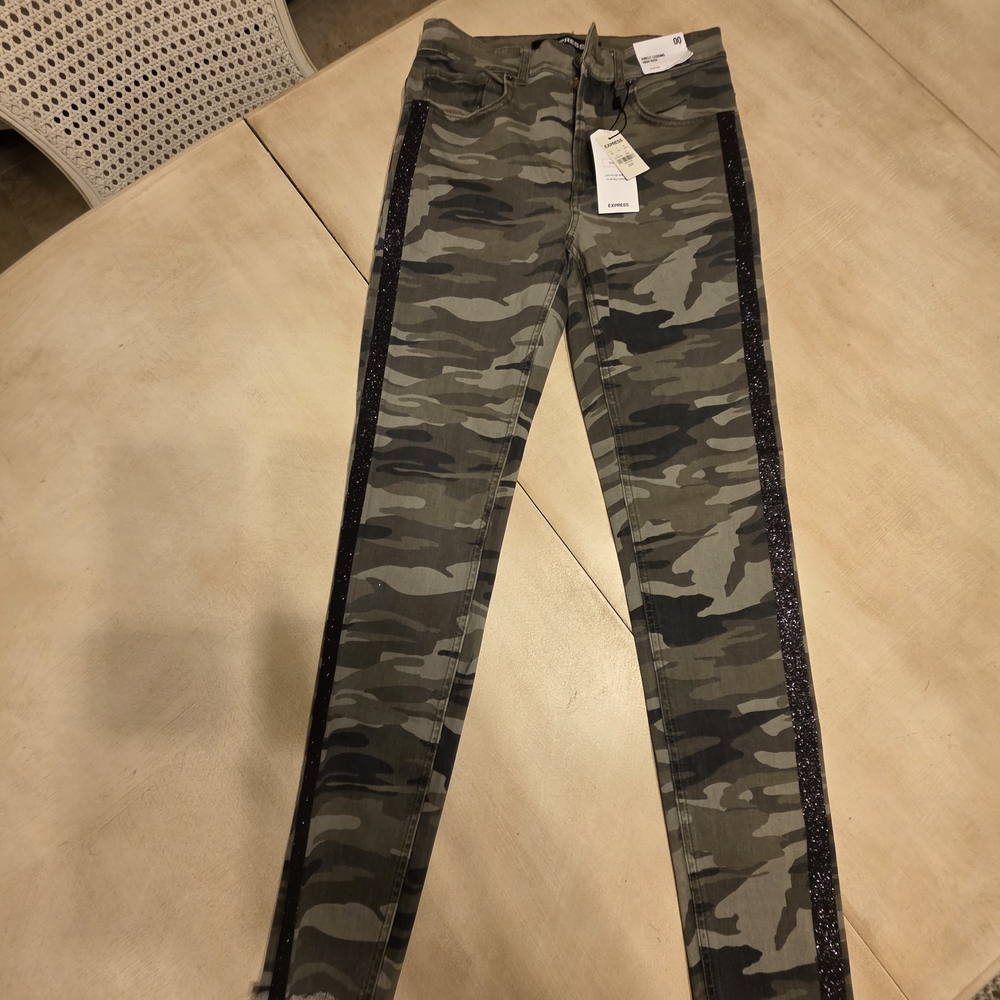Express Women's Skinny Camo Jeans with Glitter Side Stripes